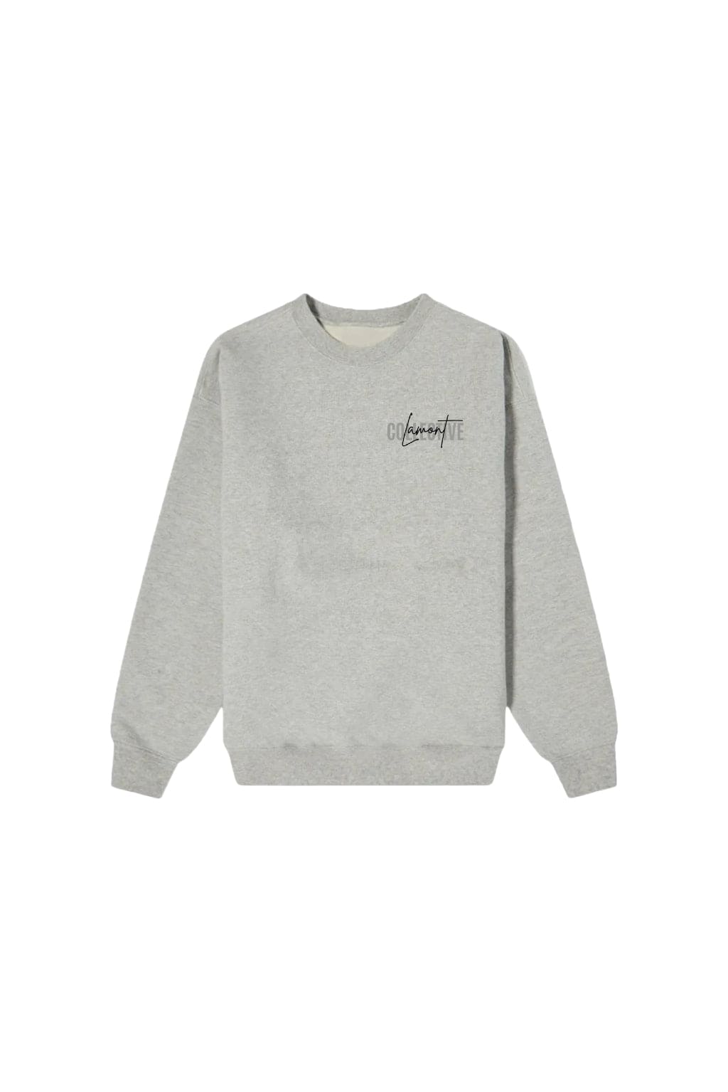 Front View of Grey Marl Crew Neck Top with Print on left chest