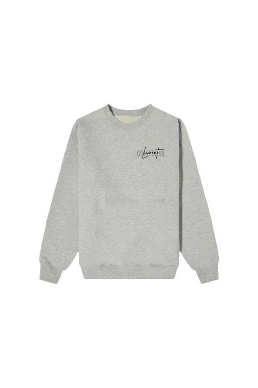 Front View of Grey Marl Crew Neck Top with Print on left chest