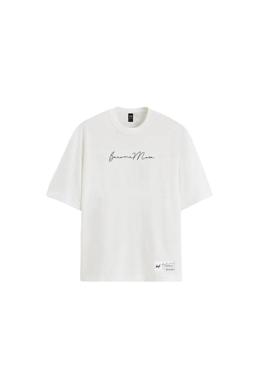 Front View of White Oversized T-Shirt with Become More Print